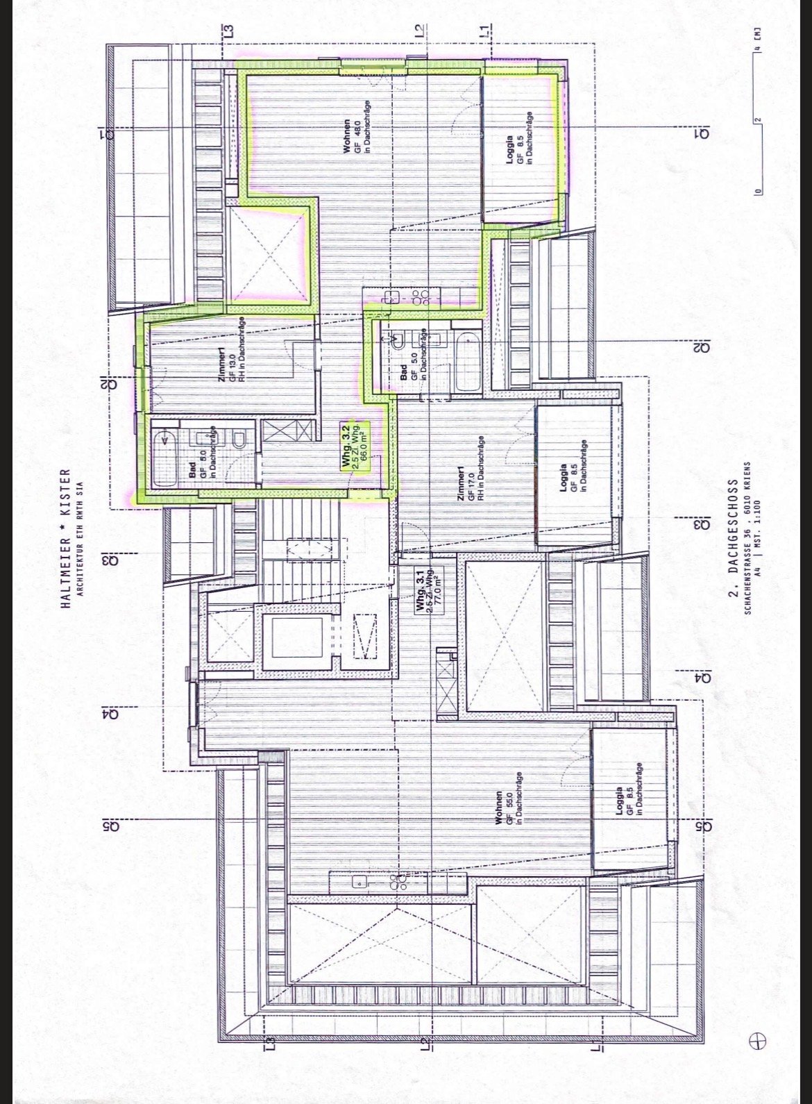 Floor plan of a multi-level residential building with labeled rooms including living spaces, bedrooms, bathrooms, and loggias.