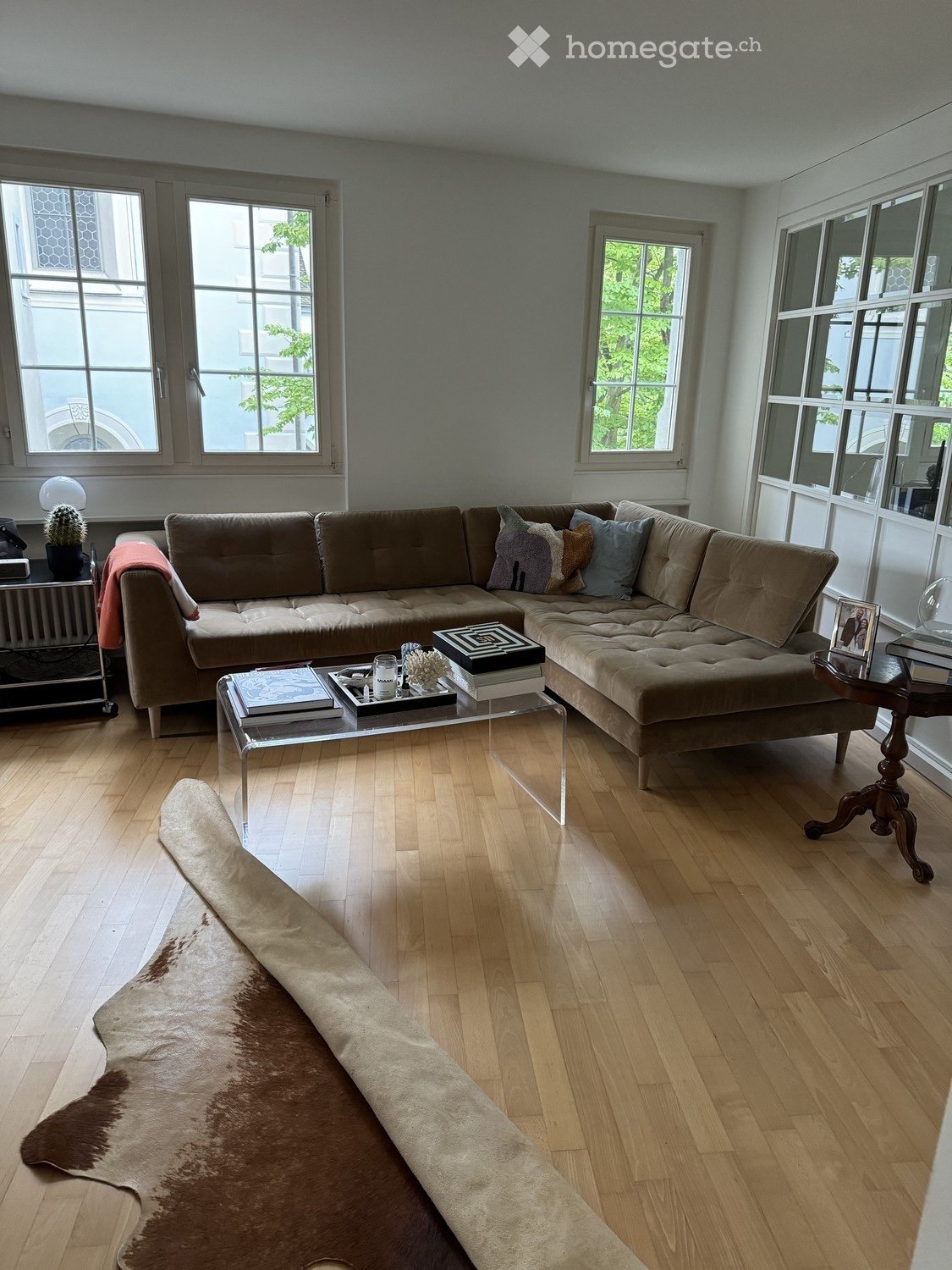 Modern living room with a large sectional sofa, glass coffee table, books, decorative cushions, a cowhide rug, and a small table with a lamp and picture frame.