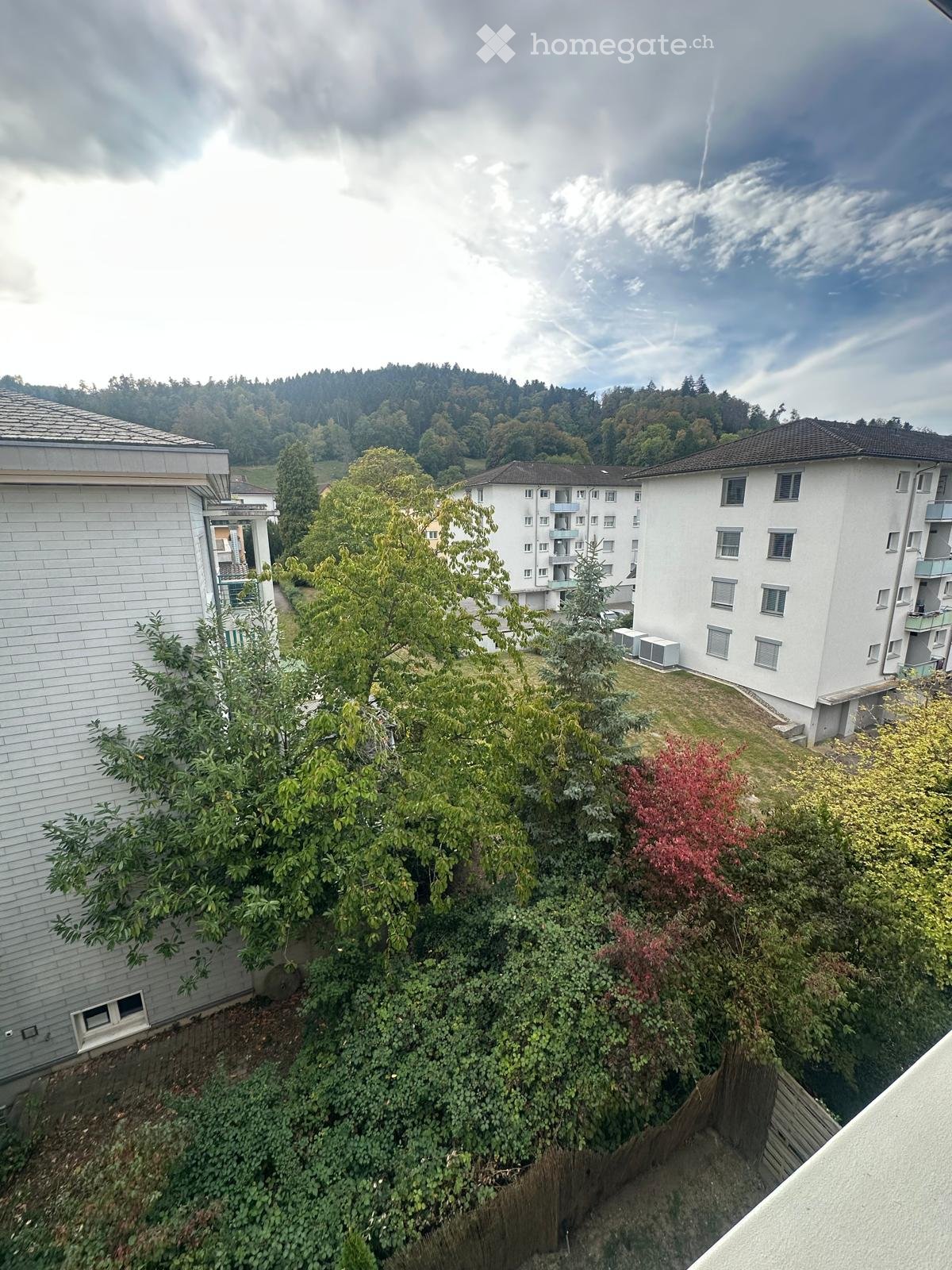 View from a balcony showing a garden area with trees and shrubs, surrounded by apartment buildings and a hilly landscape in the background.