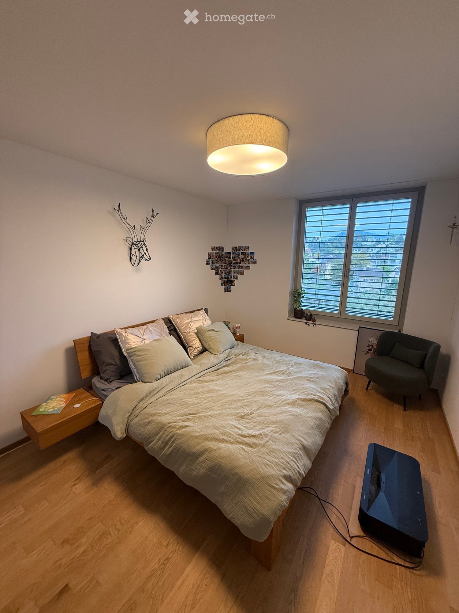Cozy bedroom with a large bed, nightstand, armchair, wall-mounted deer head, and a TV on the floor. The room features wooden flooring and large windows with blinds.