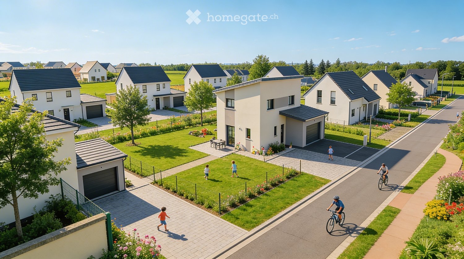 Residential neighborhood with modern houses, garages, and well-maintained gardens.