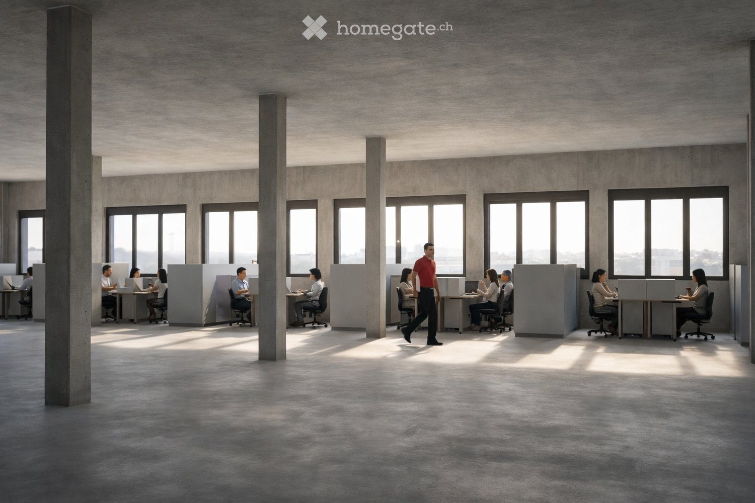 Open-plan office space with concrete floors and walls, large windows, desks, chairs, and laptops.