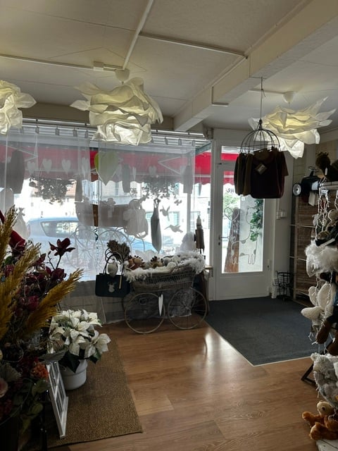 A cozy retail space with wooden flooring, large windows, hanging light fixtures, potted plants, a pram, handbags, and shelves displaying toys and accessories.