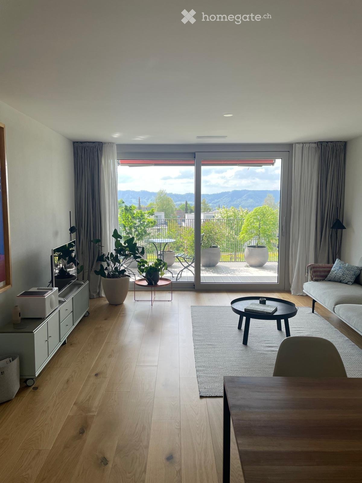 Modern living room with wooden flooring, large sliding glass doors leading to a balcony with a scenic view, sofa, coffee table, and plants.