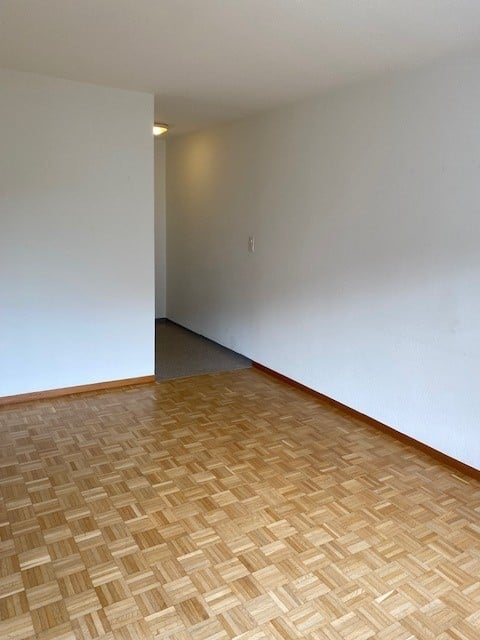 Empty room with wooden parquet flooring, white walls, and a single light fixture on the ceiling.