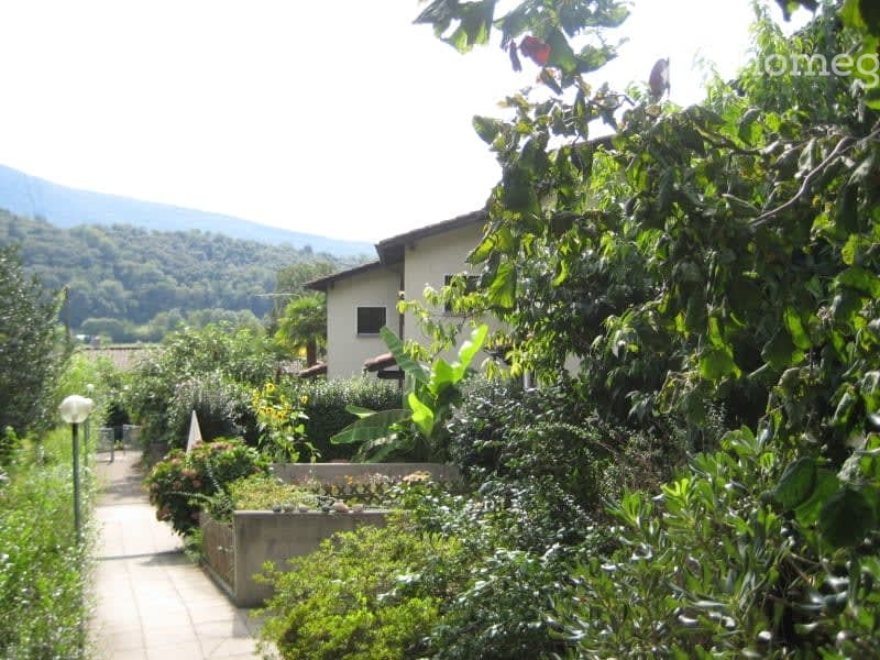 Lush garden with a pathway leading to a house, surrounded by greenery and trees, with a scenic mountain view in the background.