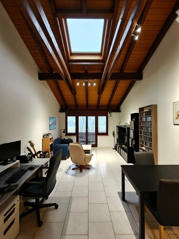 Bright, multi-functional room with wooden slanted ceiling, skylight, and large windows offering a view. Contains a desk with a computer, a comfortable armchair, a sofa, a dining table, and a bookshelf.