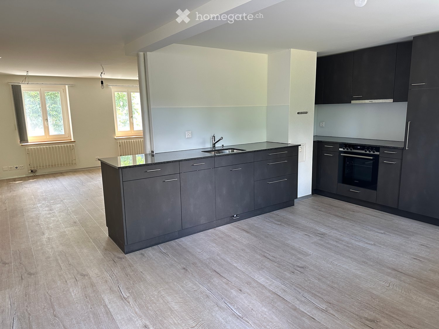 Modern kitchen with dark grey cabinets, a central island, and a sink. The space features light wooden flooring and large windows allowing natural light to enter.