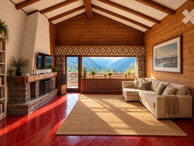 Cozy living room with exposed wooden beams, large window offering mountain view, stone fireplace, cream sectional sofa, coffee table, and potted plants on windowsill.