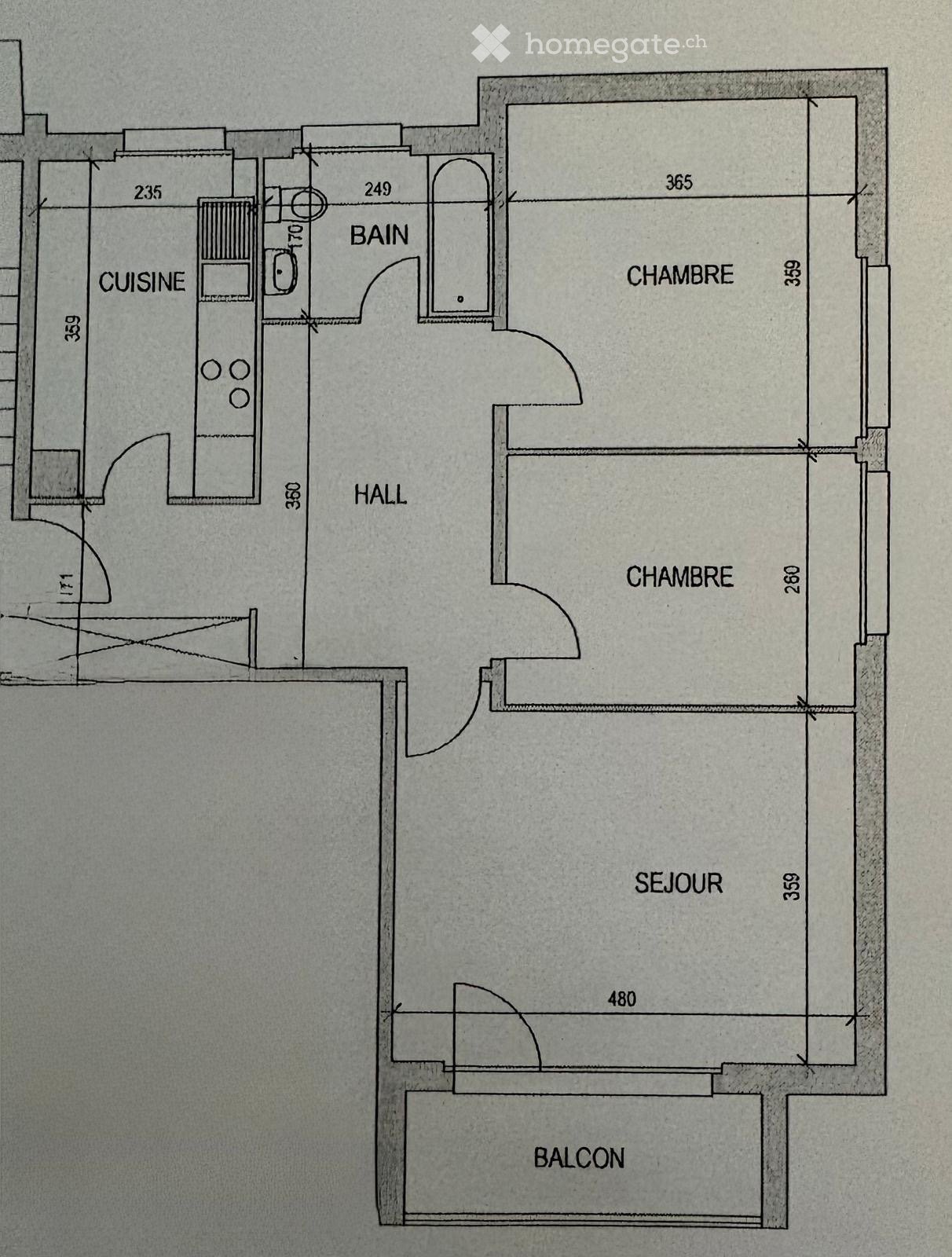 Floor plan showing a kitchen, two bedrooms, a living room, a hallway, a bathroom, and a balcony.