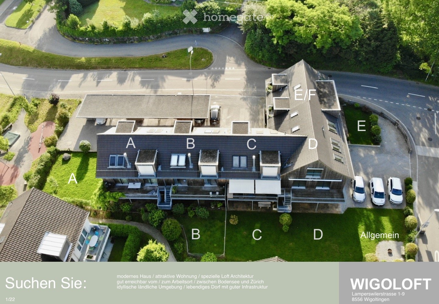 Aerial view of a multi-unit residential building with labeled sections A, B, C, D, E, and F, surrounded by green lawns and parking areas.