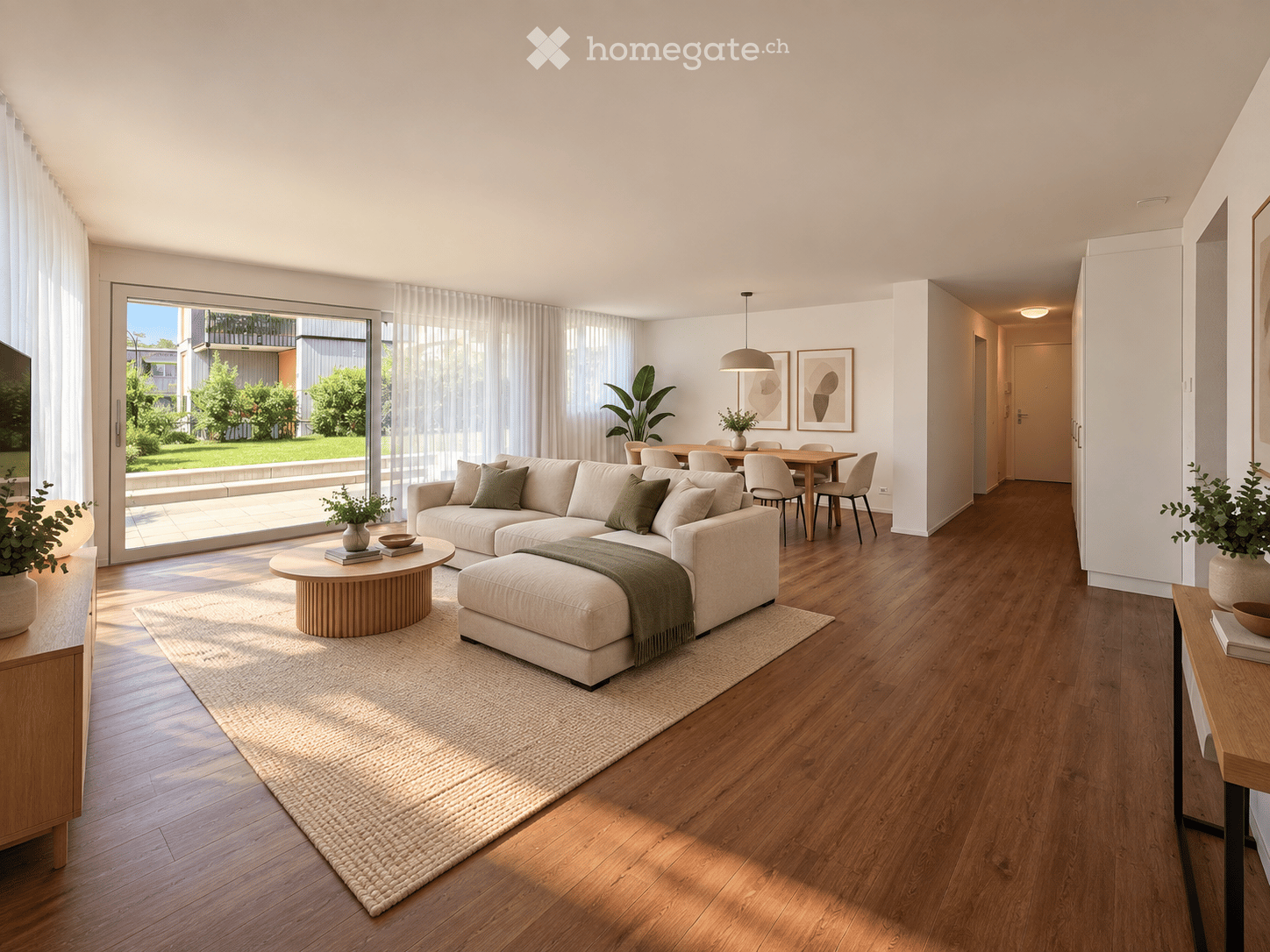 Modern living room with a large sectional sofa, coffee table, ottoman, dining area, pendant lights, and large windows leading to a balcony.
