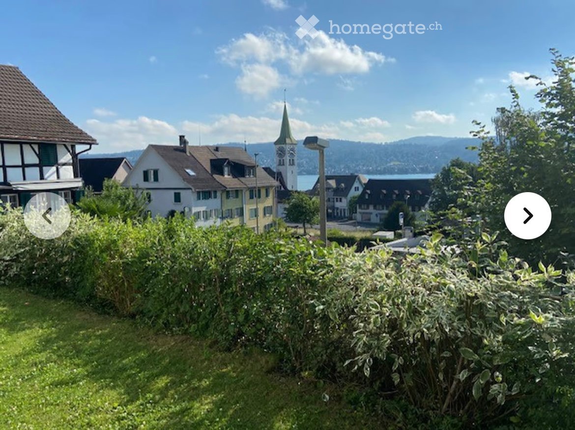 Garden with green bushes and grass, overlooking a town with houses and a church tower, with a lake and mountains in the background.