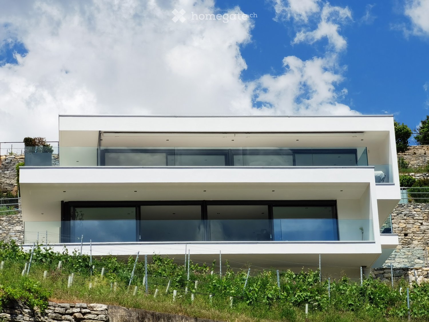 Modern two-story house with white exterior, large glass windows, and a raised ground floor, surrounded by greenery and stone walls.
