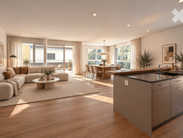 Open-concept living and dining area with modern furniture, large windows, and a balcony view. Features a sectional sofa, coffee table, dining table with chairs, and a kitchen island with a sink.
