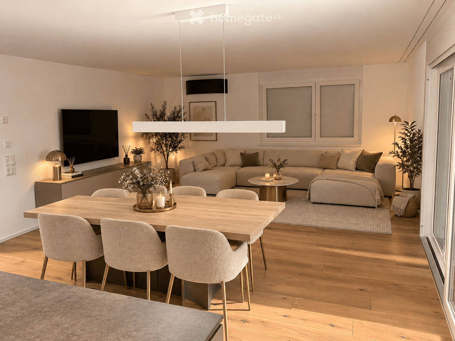Modern living and dining area with a sectional sofa, coffee table, dining table with chairs, pendant lights, and decorative plants.