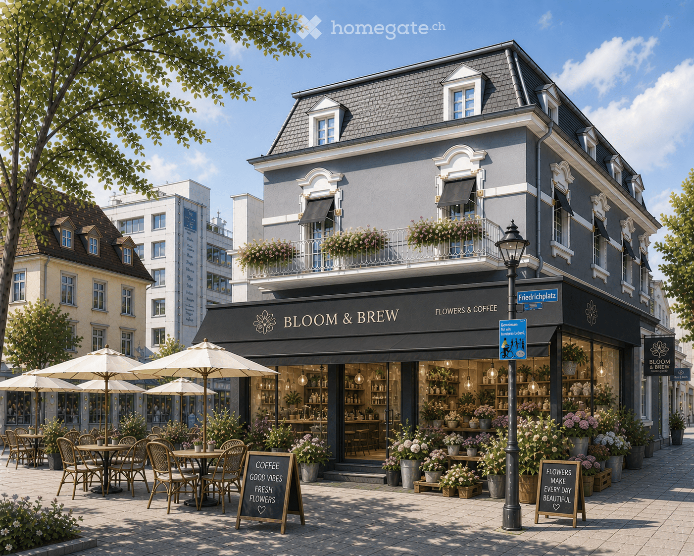 A stylish storefront named "Bloom & Brew" with a black awning, large windows, and a balcony adorned with flowers. The shop features outdoor seating with tables and chairs under umbrellas, surrounded by potted plants and flowers. The building has a classic