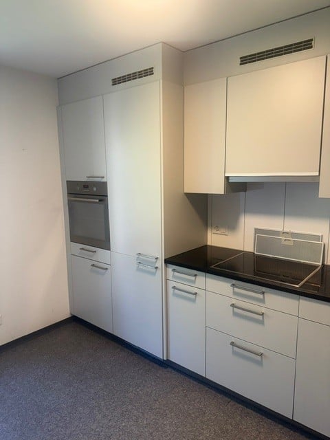 Modern kitchen with white cabinets, an oven, an induction stove, and multiple drawers.