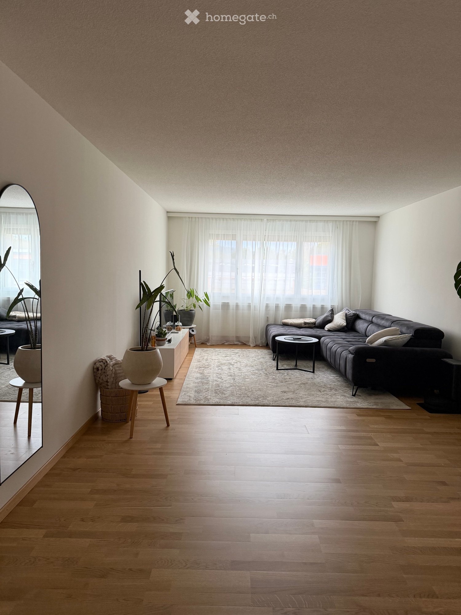 Modern living room with light wooden flooring, large windows with white curtains, a dark grey sectional sofa, a small coffee table, side tables with potted plants, and a large mirror on the wall.