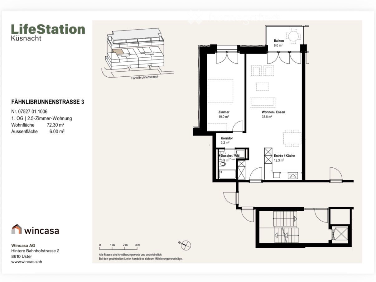 Floor plan of a 2.5-room apartment with living/dining area, bedroom, entrance/kitchen, bathroom/WC, hallway, and balcony.