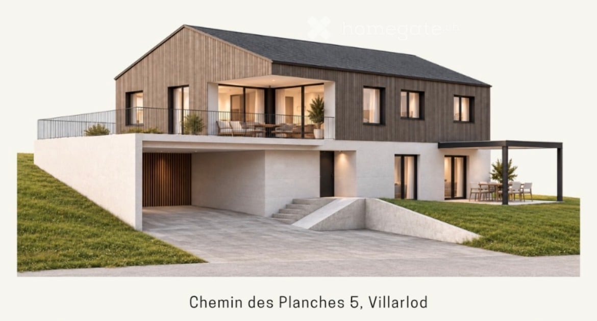 Modern two-story house with a raised ground floor, garage, balcony, and outdoor seating area.