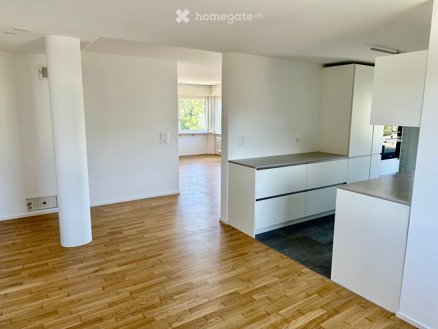 Modern kitchen with white cabinets, grey countertop, and wooden flooring. Open layout with visible adjacent room.