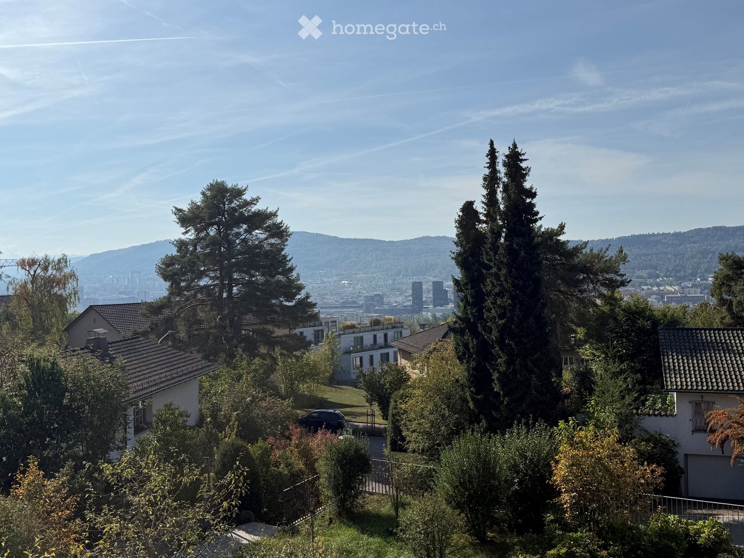 A panoramic view of a suburban neighborhood with houses, trees, and a distant city skyline under a clear blue sky.