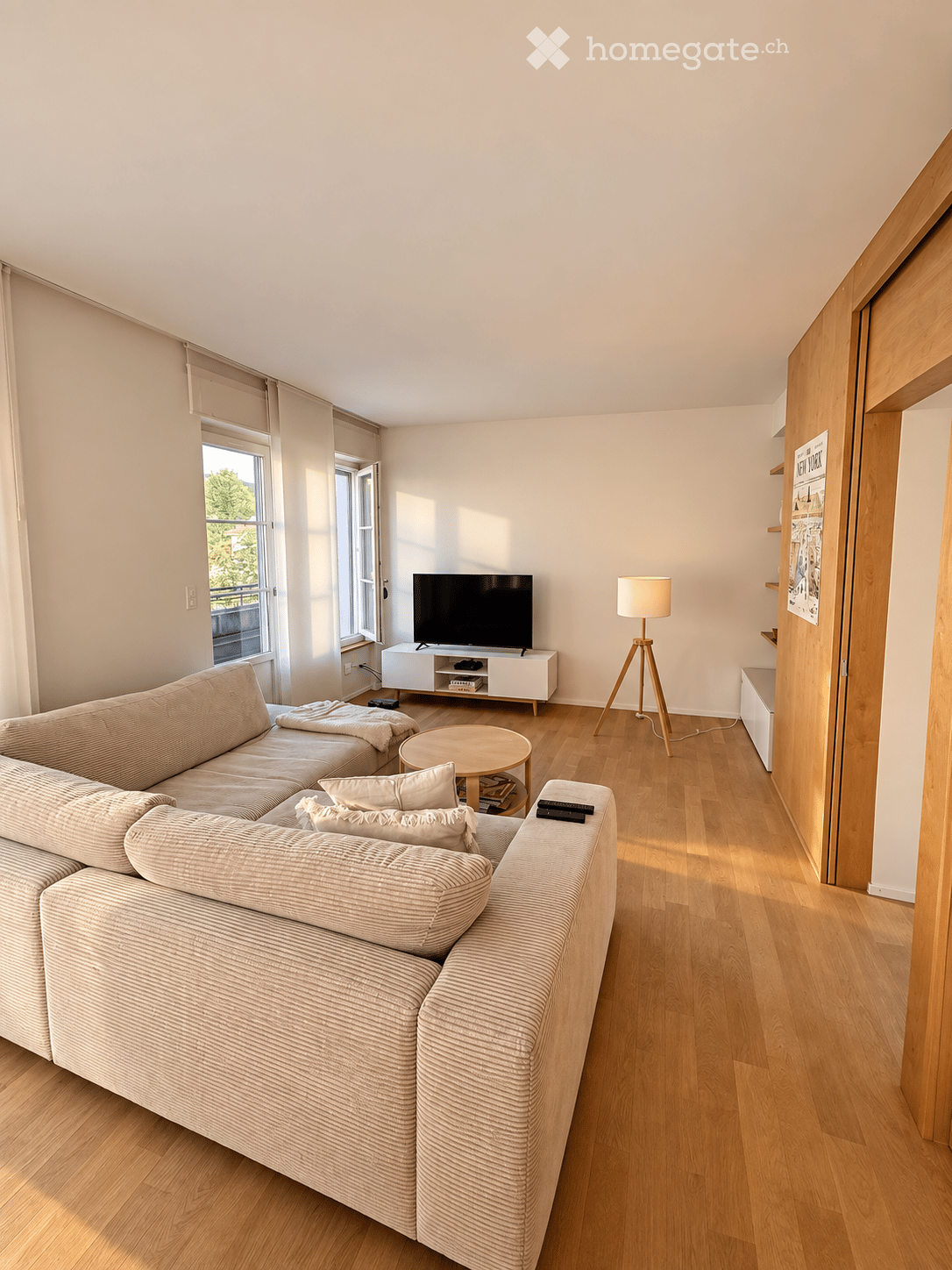 Modern living room with light wooden flooring, large windows, a sectional sofa, a coffee table, a television on a white stand, and a floor lamp.