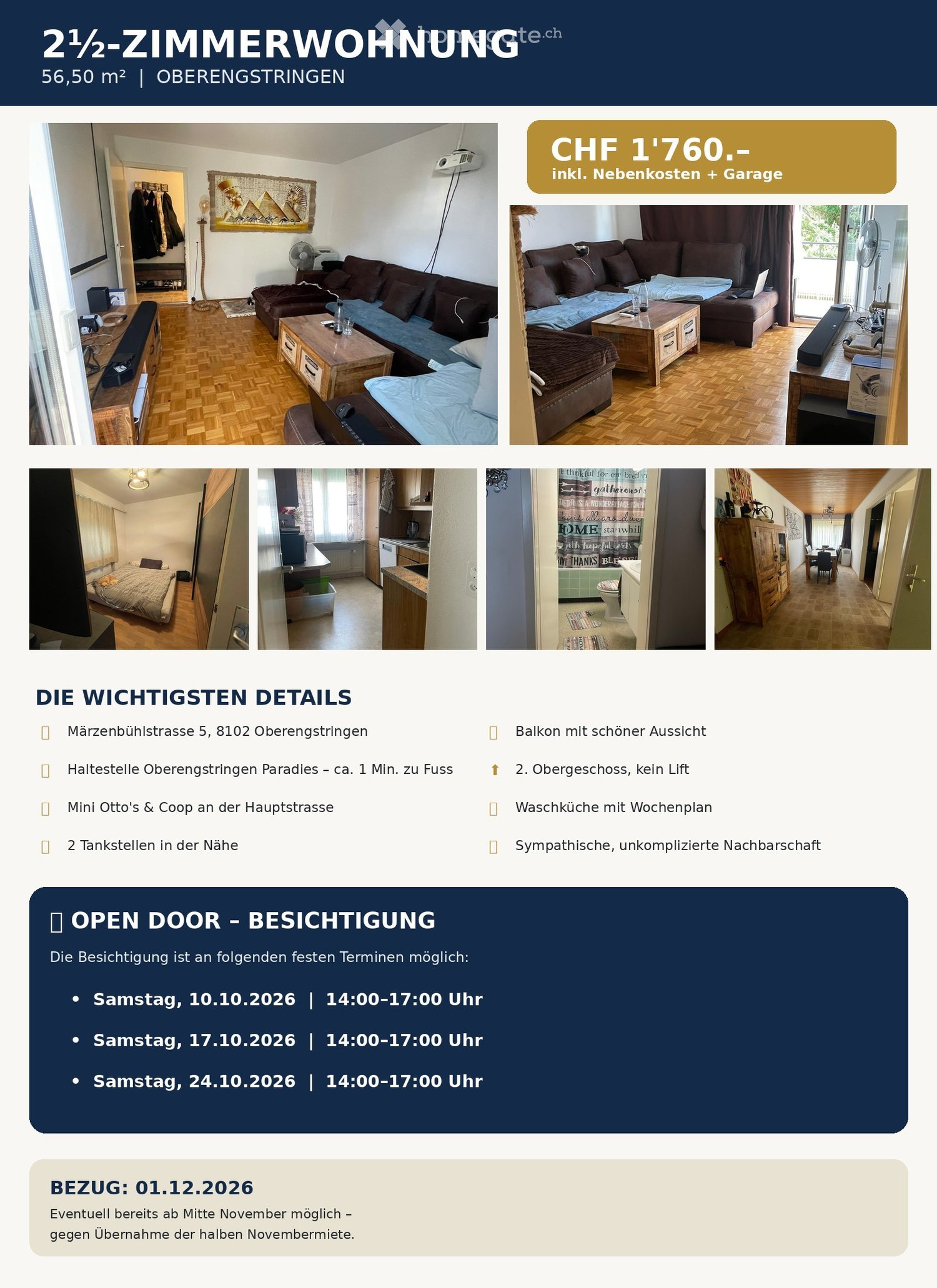The image shows a furnished 2.5-room apartment with a living room, bedroom, kitchen, and bathroom. The living room features a sofa, coffee table, and fan. The bedroom has a bed and nightstand. The kitchen includes cabinets and a sink, while the bathroom h
