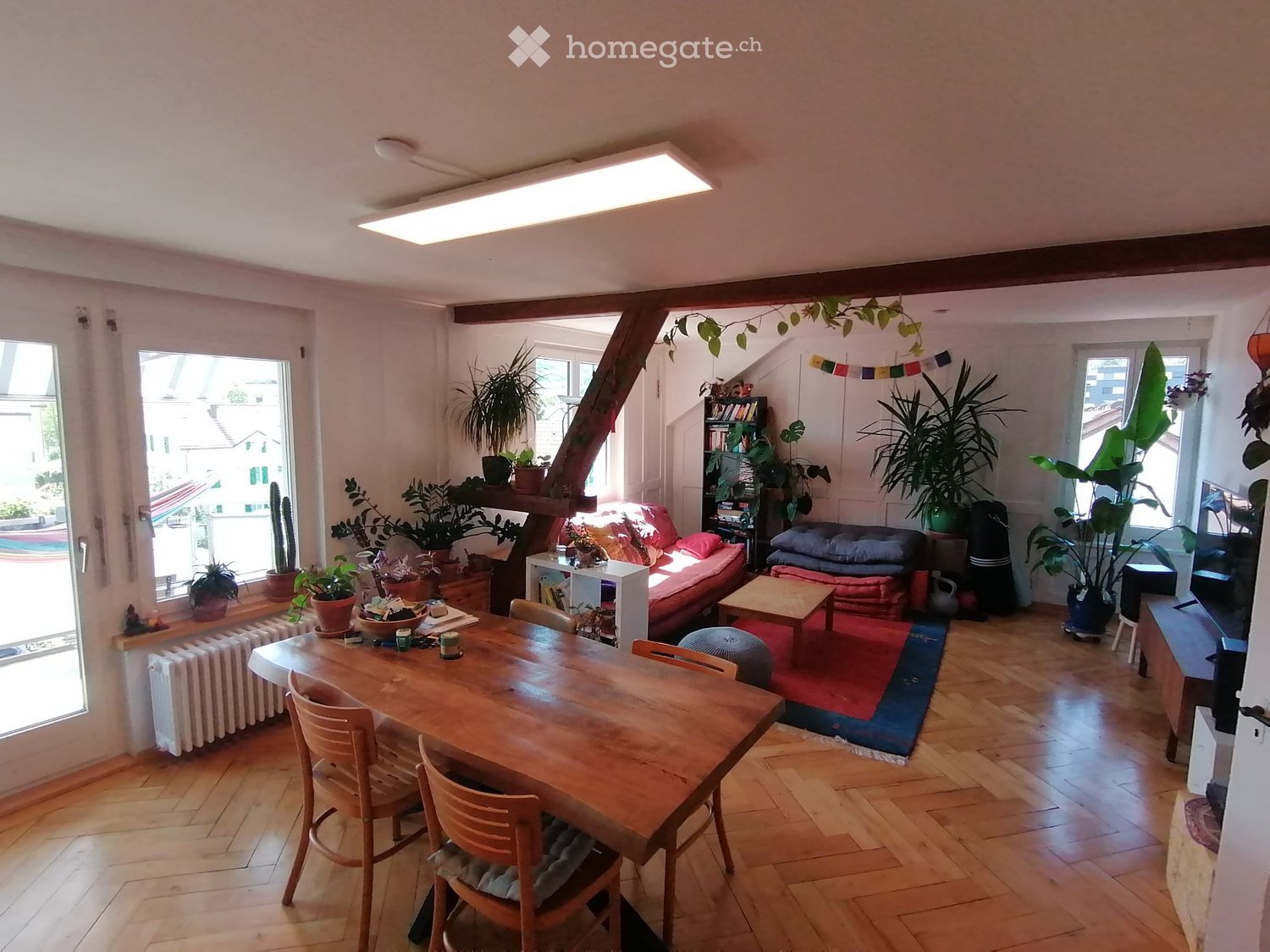 A cozy living and dining area with wooden flooring, a red sofa, a wooden dining table with chairs, a bookshelf, and several potted plants. The space features large windows and a slanted ceiling with exposed wooden beams.