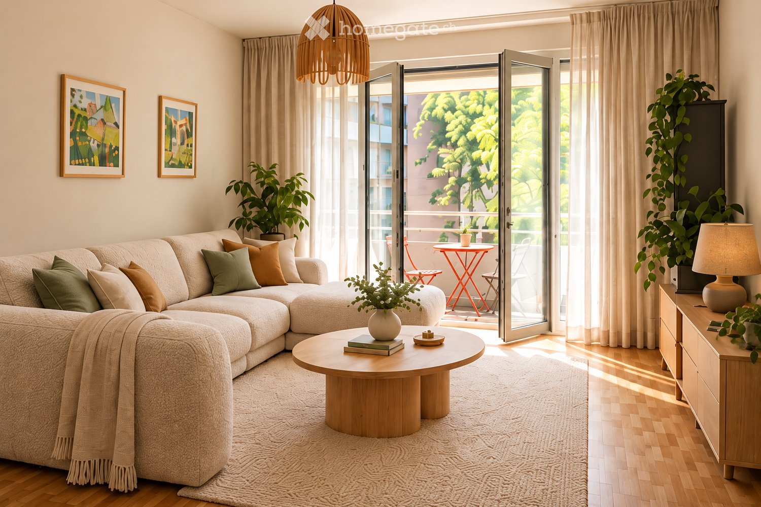 Modern living room with a sectional sofa, coffee table, side table, and large windows opening to a balcony. Features include a hanging pendant light, plants, and artwork on the walls.