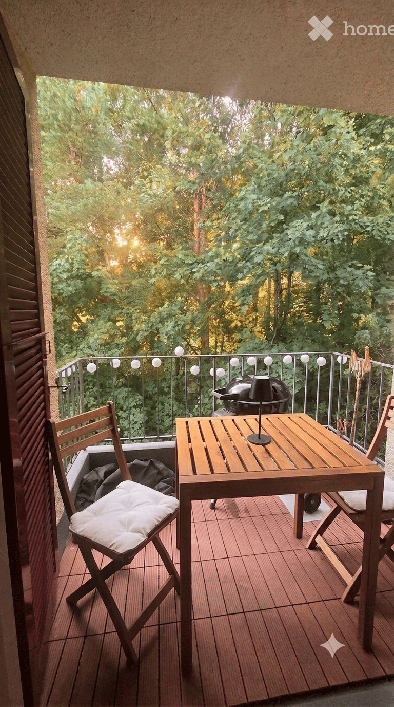 Balcony with wooden table, chairs, and a grill, surrounded by greenery.