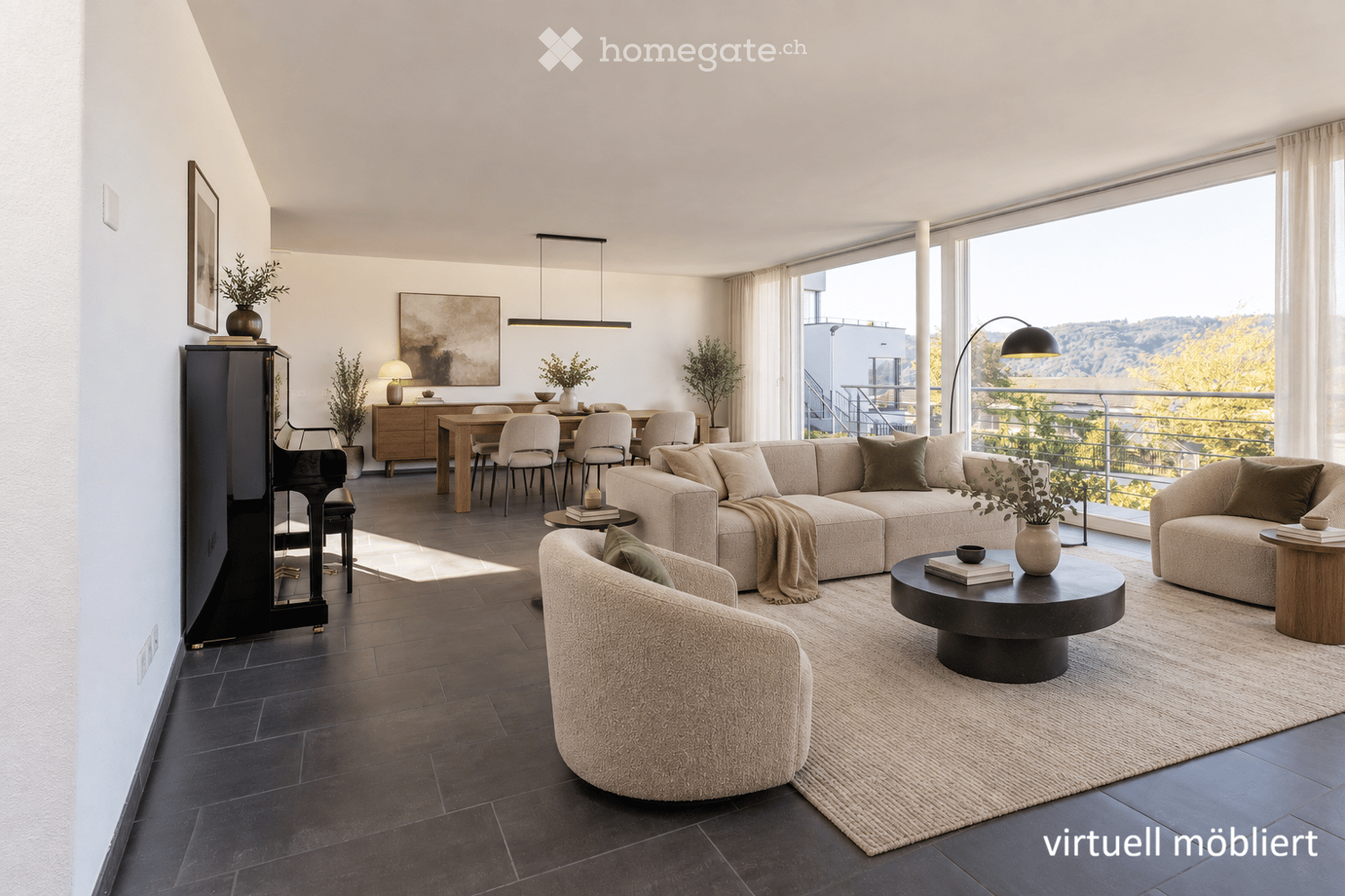 Modern living room with large windows offering a scenic view, featuring a sectional sofa, armchair, coffee table, dining area with chairs, piano, and decorative vases.