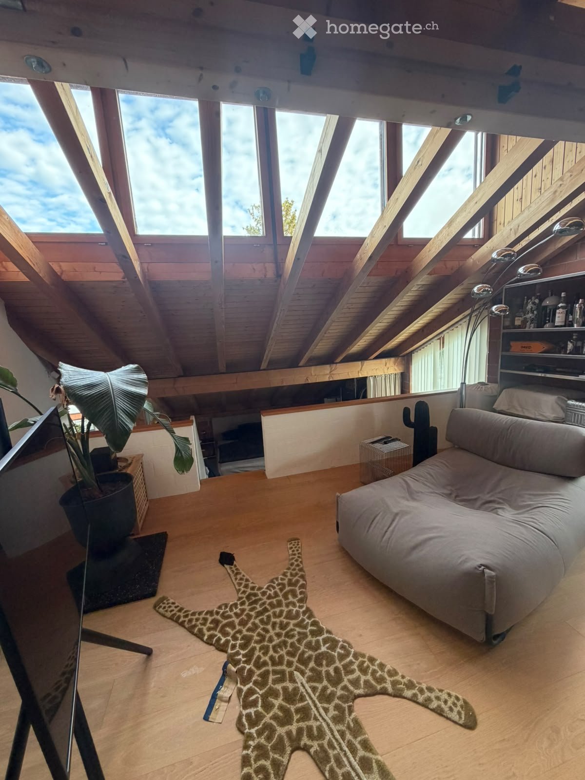 Loft-style room with wooden beams, skylights, a large sofa, a giraffe-shaped rug, a potted plant, and a shelf with bottles.