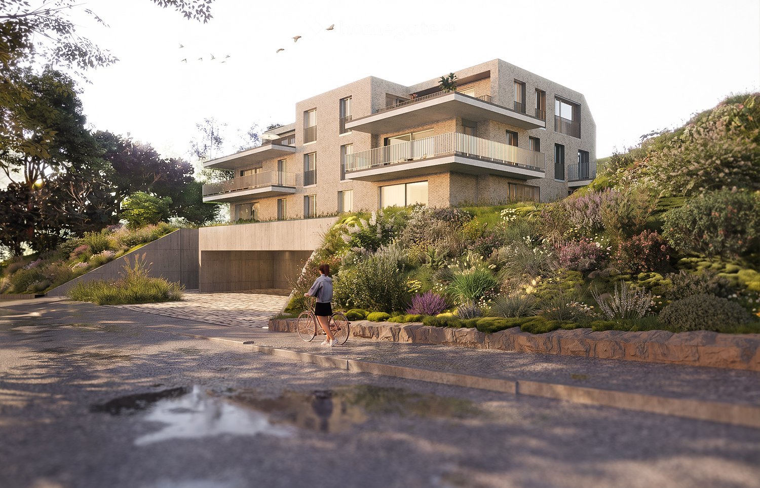 Modern two-story house with balconies, surrounded by landscaped garden and driveway.