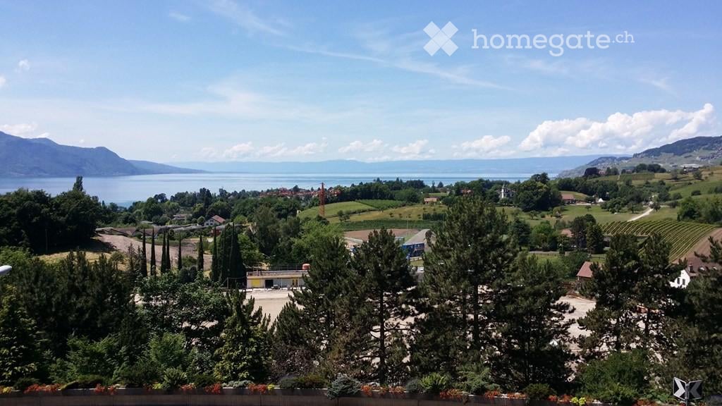 Panoramic view of a lake and surrounding landscape from a balcony or terrace, with trees and buildings in the foreground.