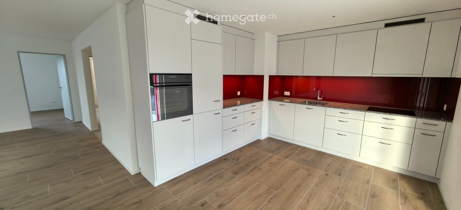 Modern kitchen with white cabinets, red backsplash, wooden flooring, and stainless steel appliances including an oven and sink.