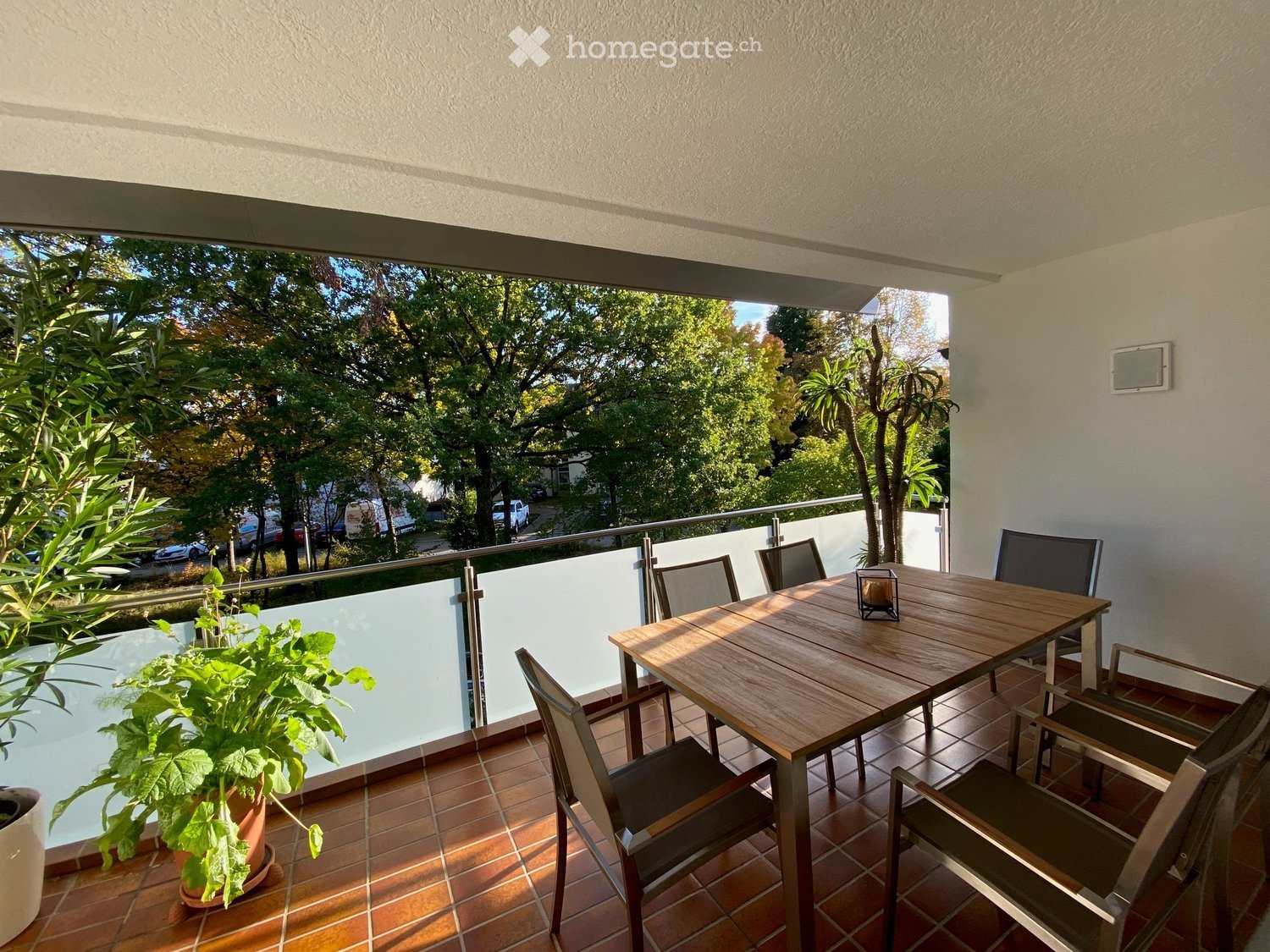 Balcony with a wooden table, chairs, and a potted plant, overlooking a green area with trees and parked cars.