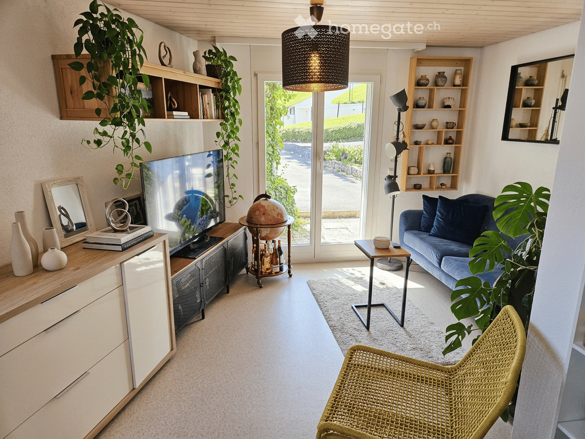 Modern living room with large windows offering a view, featuring a blue sofa, coffee table, television, globe, wicker chair, wooden cabinet, mirror, bookshelf, table lamp, vases, and plants.