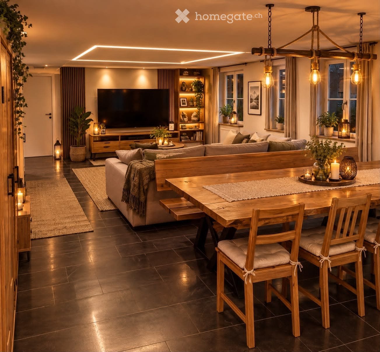 Modern living and dining area with a large sofa, coffee table, dining table with chairs, television, floor lamp, and decorative plants.