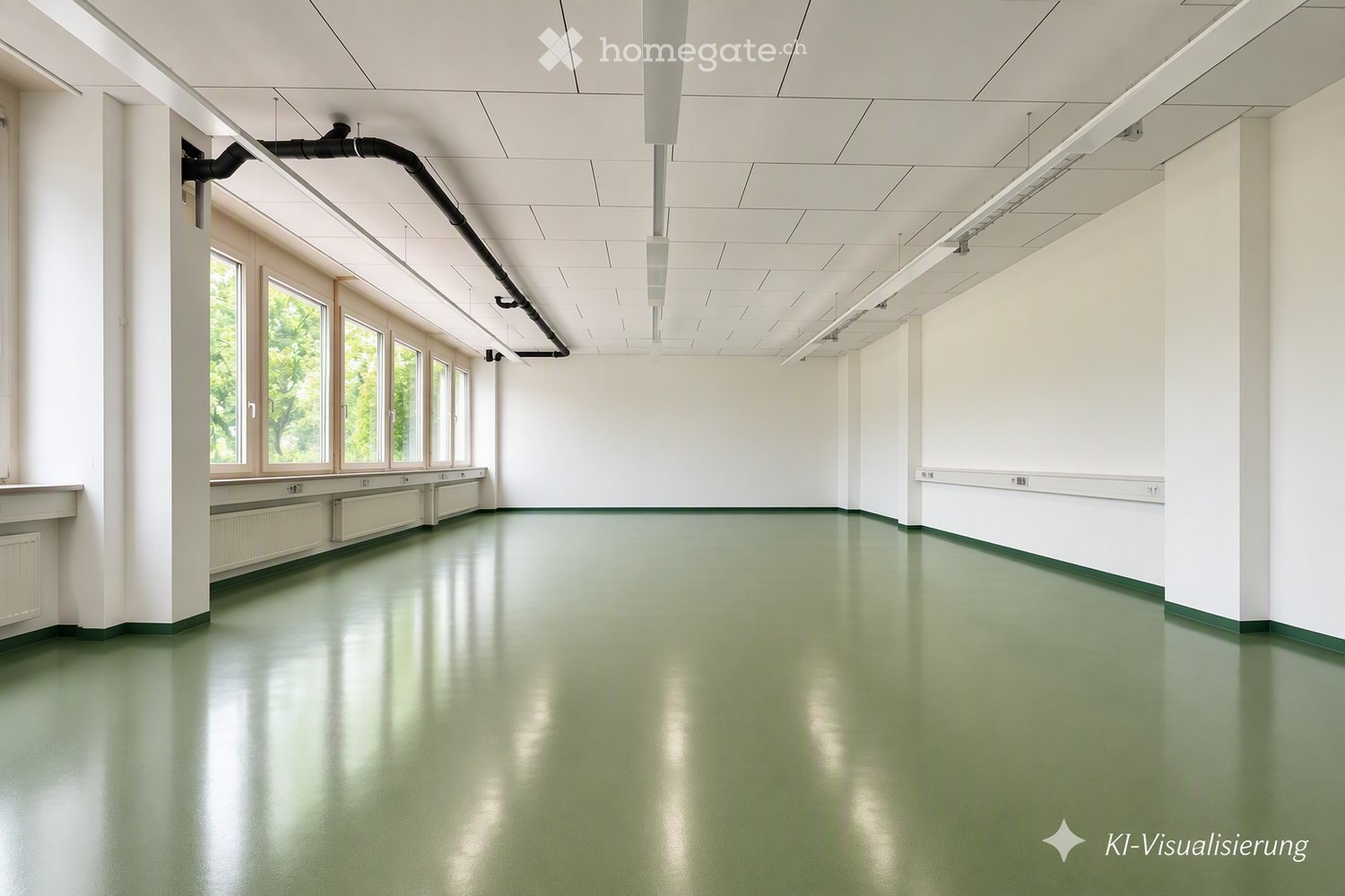 Empty room with white walls, green floor, large windows, and exposed ceiling pipes.