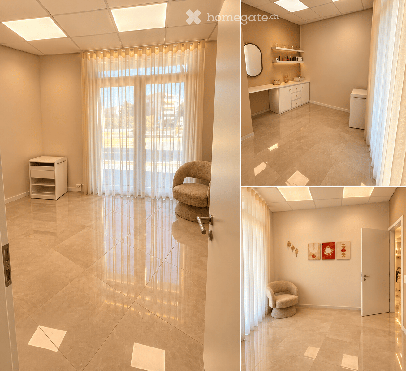 Modern, minimalist room with large windows, sheer curtains, a single armchair, a small cabinet, and a vanity area with a mirror and sink.