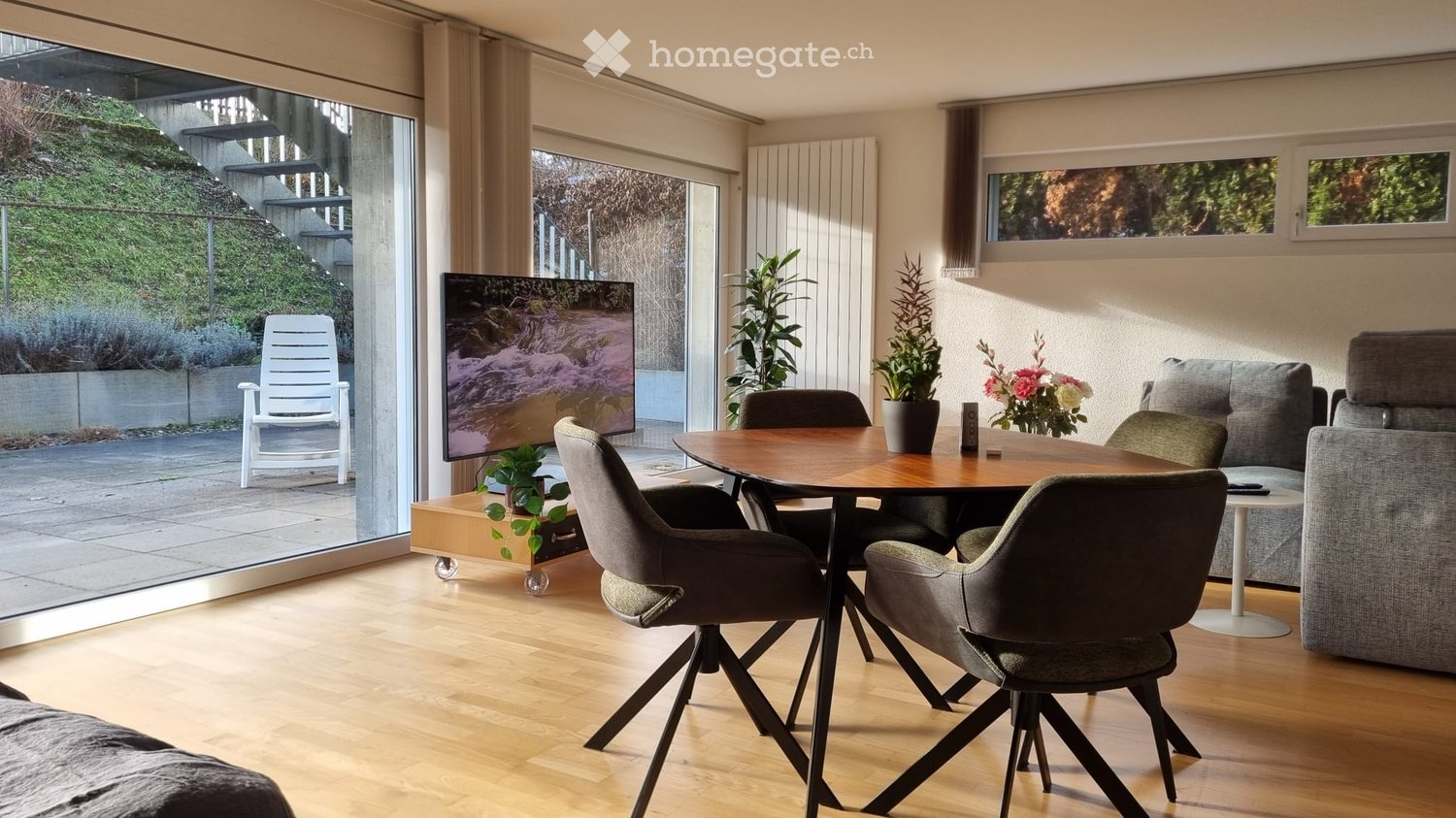 Modern living room with large windows, a grey sofa, a wooden dining table with chairs, a TV screen, and several potted plants.