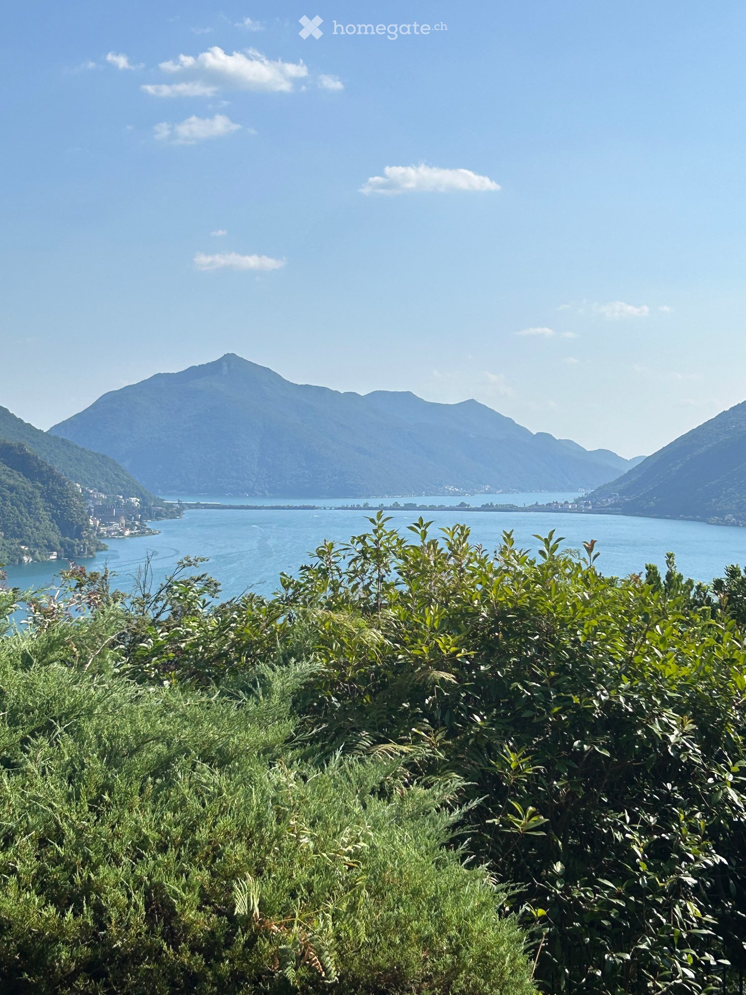 A scenic view of a lake surrounded by mountains, with lush green bushes in the foreground and a clear blue sky above.