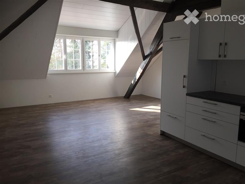 open room with wooden floor, white walls, two windows, open kitchen, kitchen counter, cabinets, drawers, and a small oven