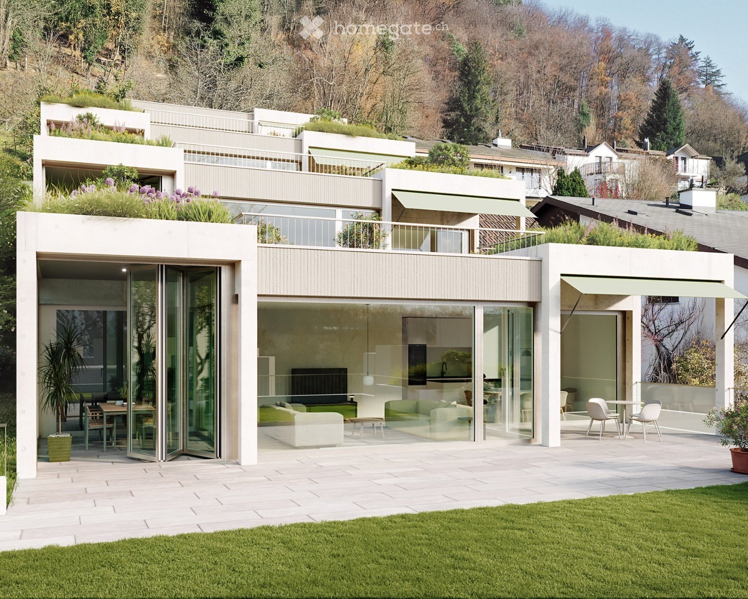 Modern two-story house with large glass sliding doors, white exterior, raised ground floor, balcony, and surrounding greenery.