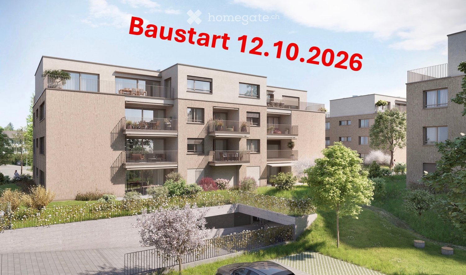 Modern multi-story residential building with balconies, surrounded by greenery and a parking area.