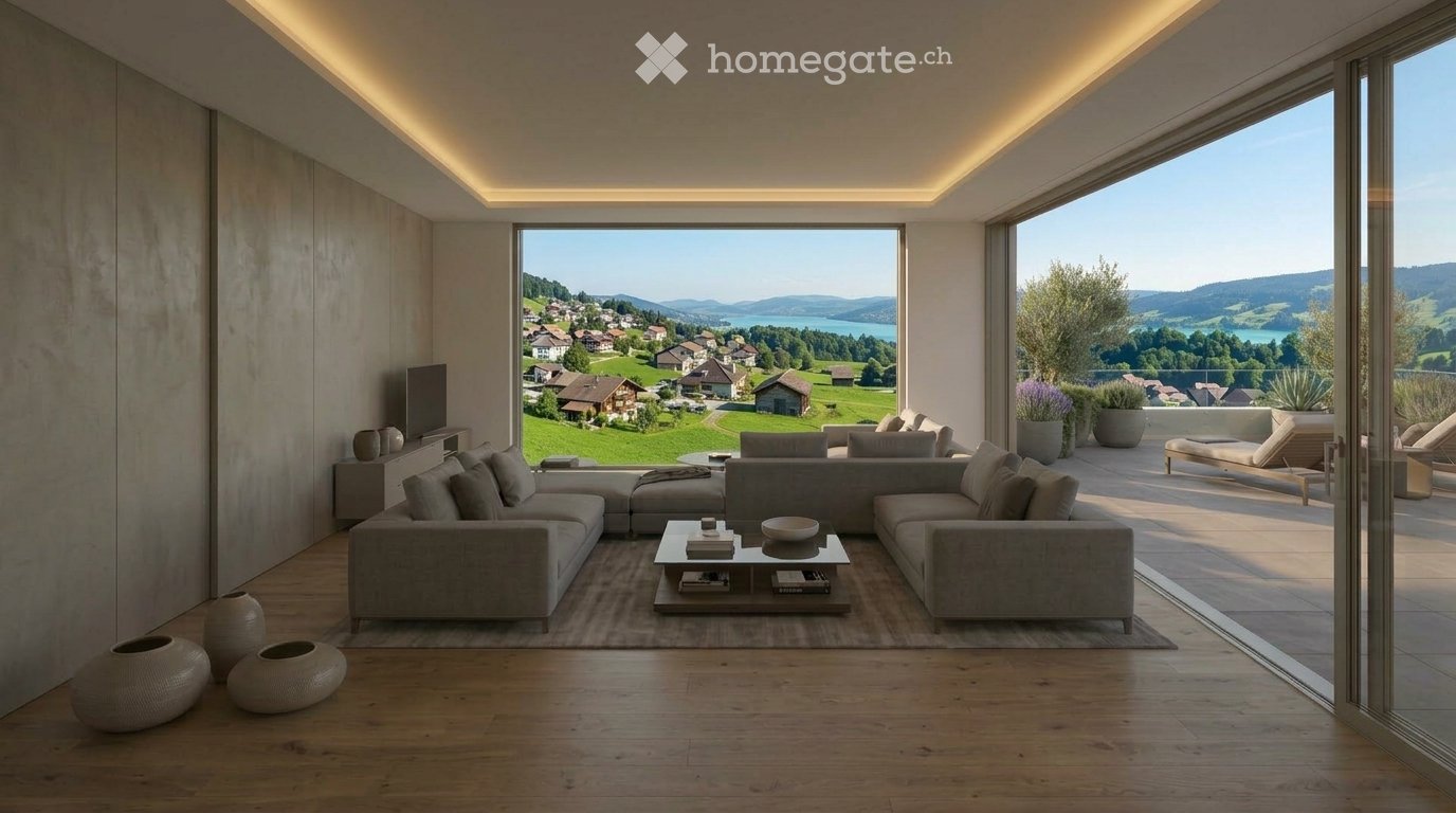 Modern living room with large windows offering scenic views, featuring a sectional sofa, coffee table, decorative vases, and a television.