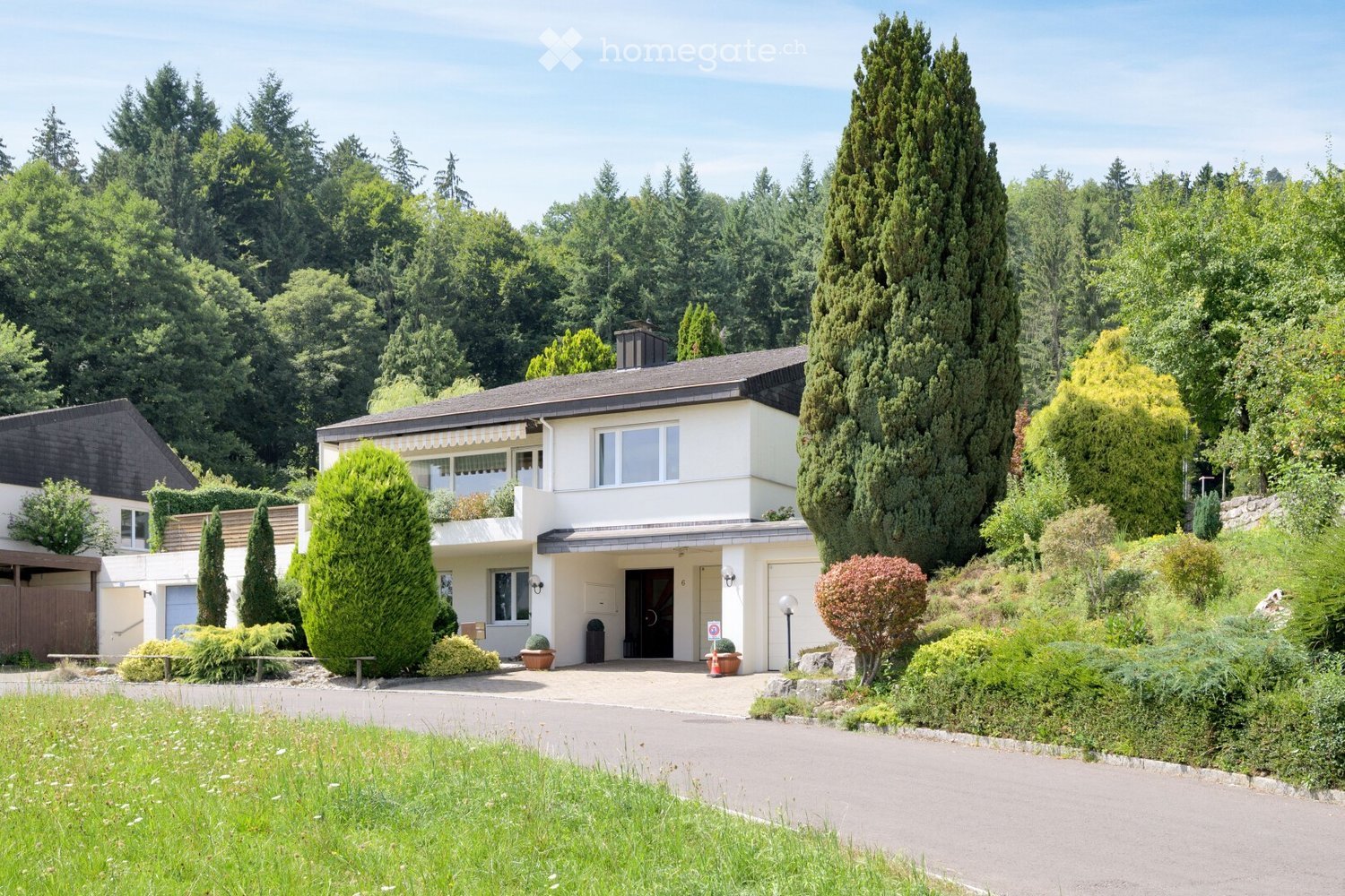 A two-story house with a modern design, surrounded by lush greenery and trees. Features include a garage, a well-maintained garden, and a driveway leading to the entrance.