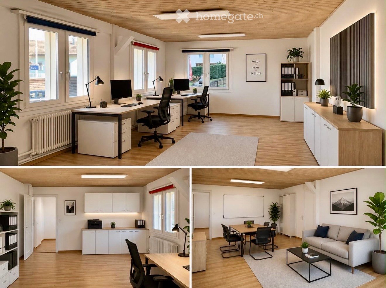 Modern, multi-functional room with a desk area, meeting area, and lounge area. Features include a wooden ceiling, large windows, white cabinets, office chairs, desks, computers, lamps, plants, a sofa, coffee table, and a whiteboard.